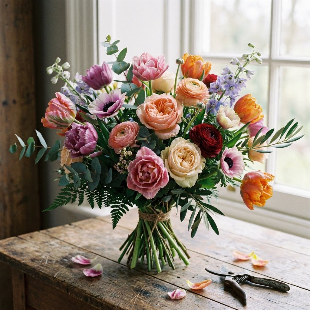 Boeket met seizoensbloemen, net zo vers gepakt uit de kiosk