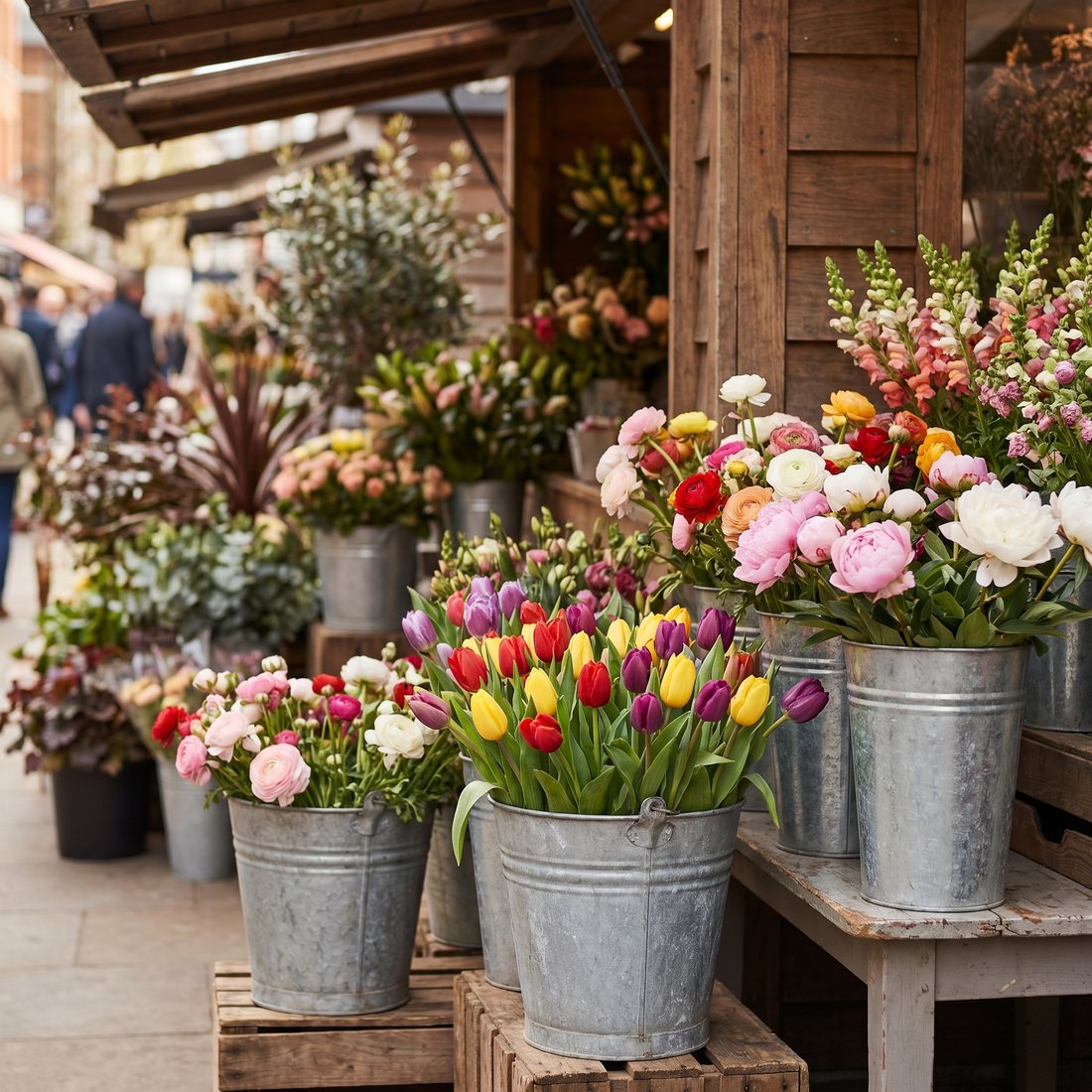Zinken emmers vol kleurrijke verse snijbloemen bij de buitenkiosk