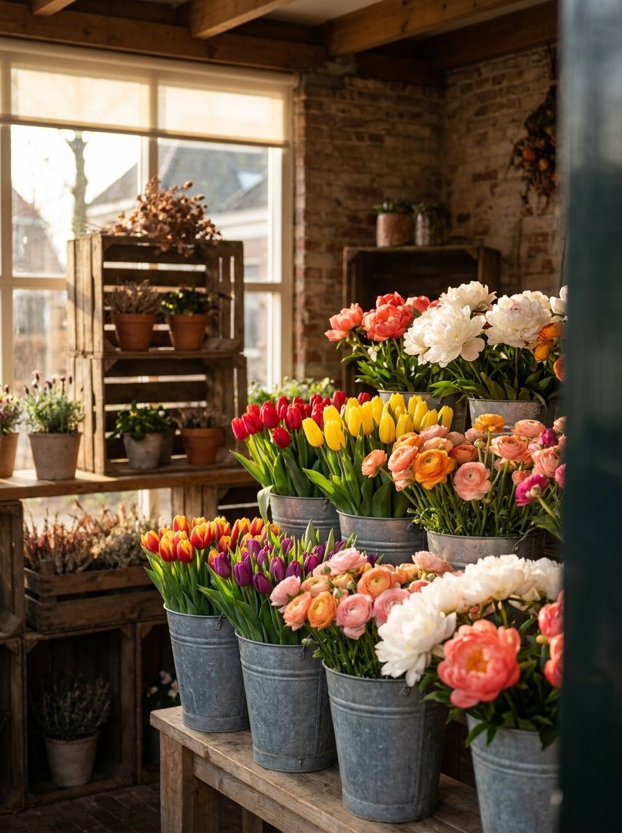 Zinken emmers vol verse tulpen, ranonkels en pioenrozen bij een bloemenkiosk